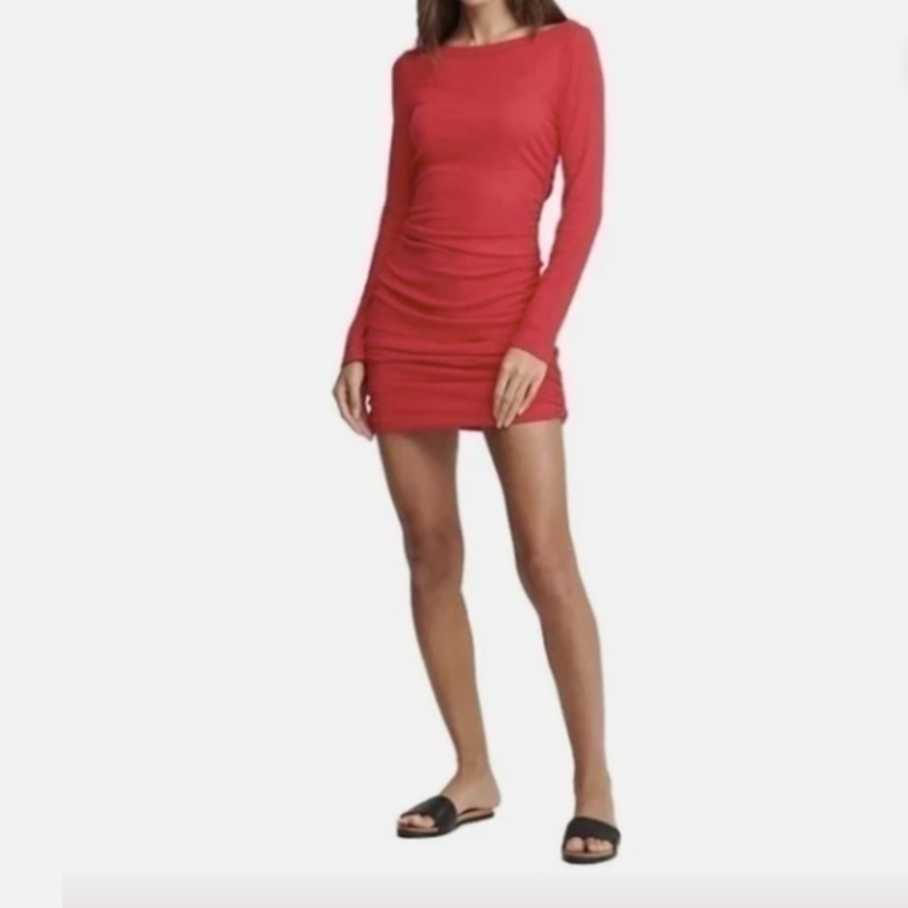 Sundays Red Ruched Jersey Knit Ribbed Long Sleeve Mary Mini Dress Nwt L